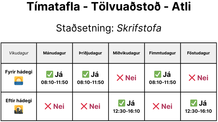 vidvera-kerfisstjora Tímatafla