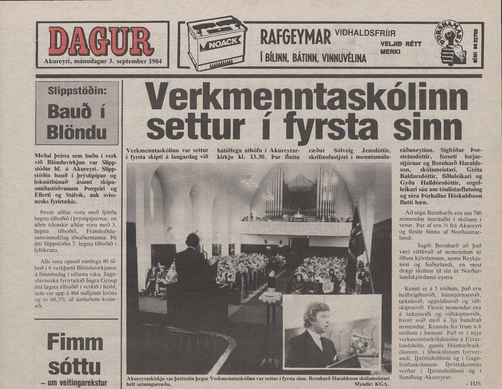 Frásögn í Degi á Akureyri af fyrstu skólasetningu VMA í Akureyrarkirkju 1. september 1984.