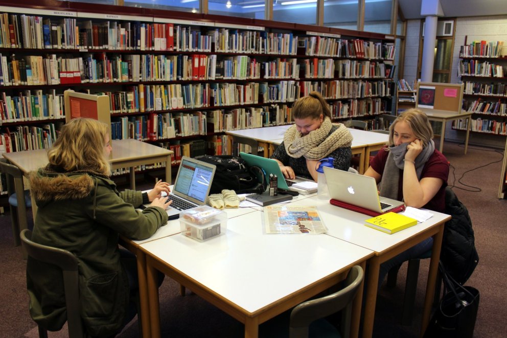 Nemendur í verkefnavinnu á bókasafni VMA.