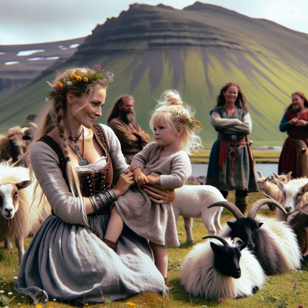 Þórunn hyrna og dóttir hennar Þorbjörg hólmasól eins og gervigreindin sér þær mæðgur árið 893.