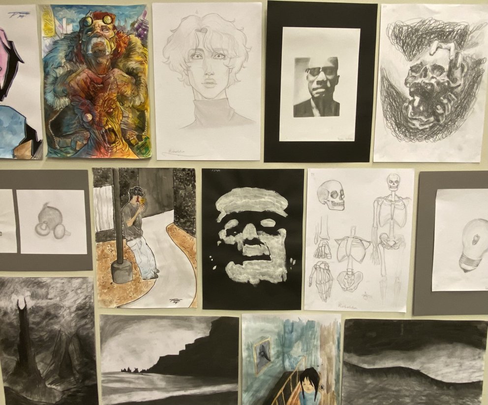 Hér eru nokkur sýnishorn af vinnu nemenda í sjónlistteikningu.