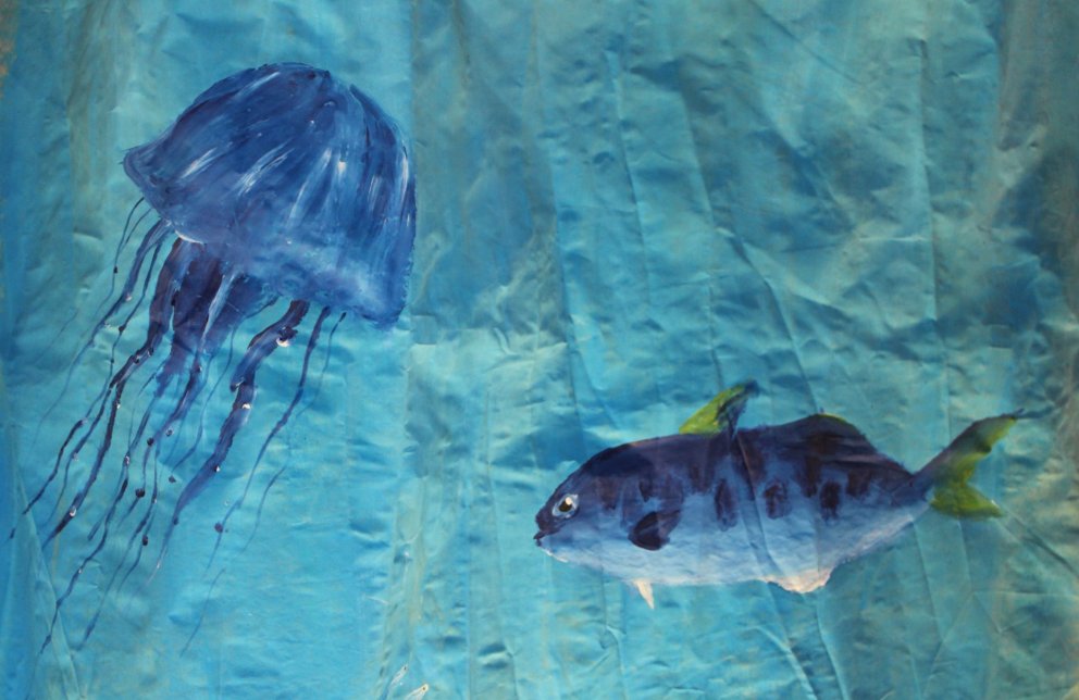 Hluti af myndverk listnámsnema í Gryfjunni í mars.