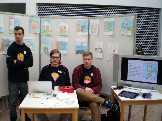 Sagnameistararnir í básnum sínum í gær.