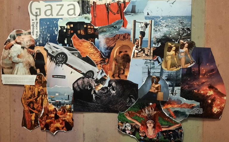 Eitt af myndverkunum (klippimyndunum) sem nemendur í áfanganum Listir og menning líðandi stundar unn…