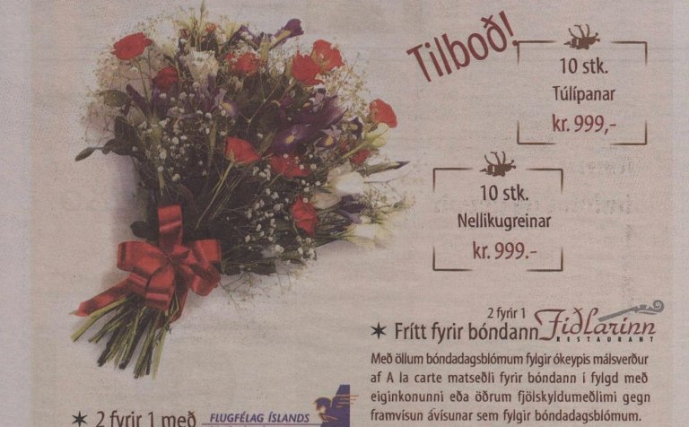 Auglýsing í Degi frá blómaversluninni Býflugunni & blóminu á Akureyri fyrir 24 árum, á bóndadegi 200…