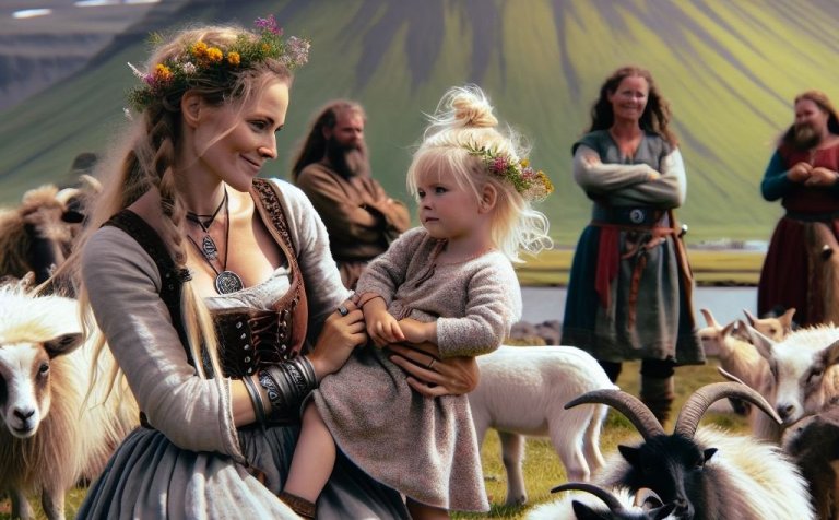 Þórunn hyrna og dóttir hennar Þorbjörg hólmasól eins og gervigreindin sér þær mæðgur árið 893.