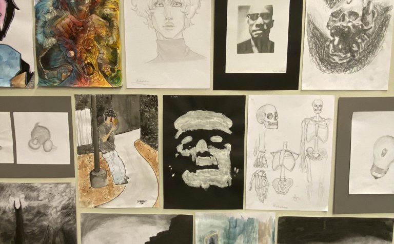 Hér eru nokkur sýnishorn af vinnu nemenda í sjónlistteikningu.