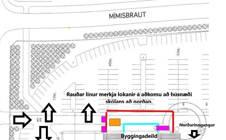 Á þessu korti má sjá hvar norðan skólans svæði verður girt af fyrir frístundahúsið sem nemendur í kv…
