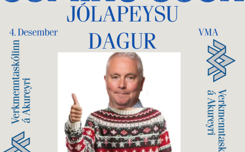 Jólapeysuauglýsing Elmars Nökkva Björnssonar var valin sú besta í ár. Hér teflir hann fram Bensa skó…