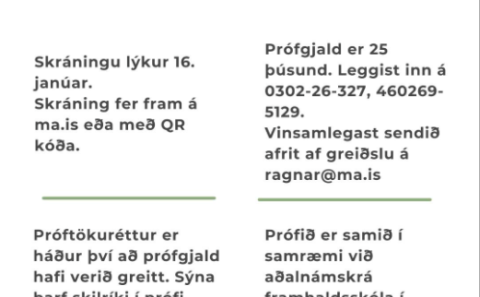 Stöðupróf í portúgölsku, litháísku, spænsku, þýsku, bosnísku, króatísku, serbnesku og úkraínsku